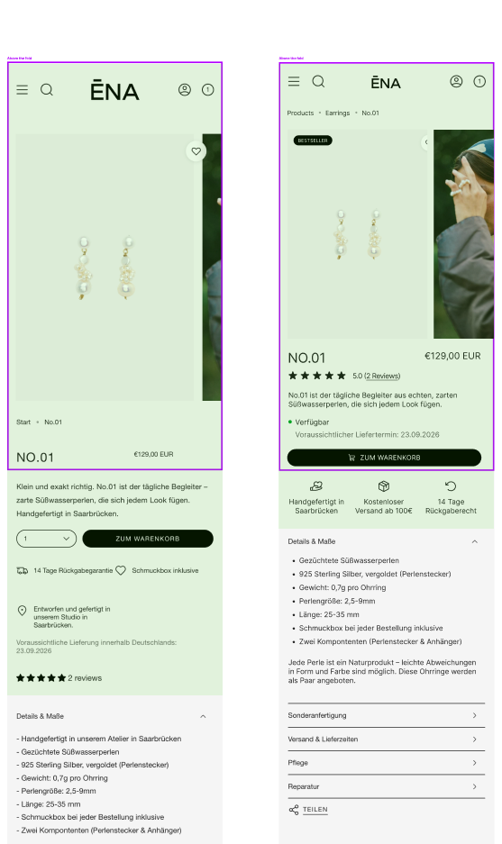 La page produit de Studio ENA au-dessus de la ligne de flottaison, avant et après : la même information, disposée avec plus de place