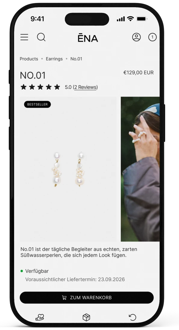 La page produit refondue de Studio ENA sur un téléphone, avec le prix, les avis, la disponibilité et le bouton d’ajout au panier dans le premier écran