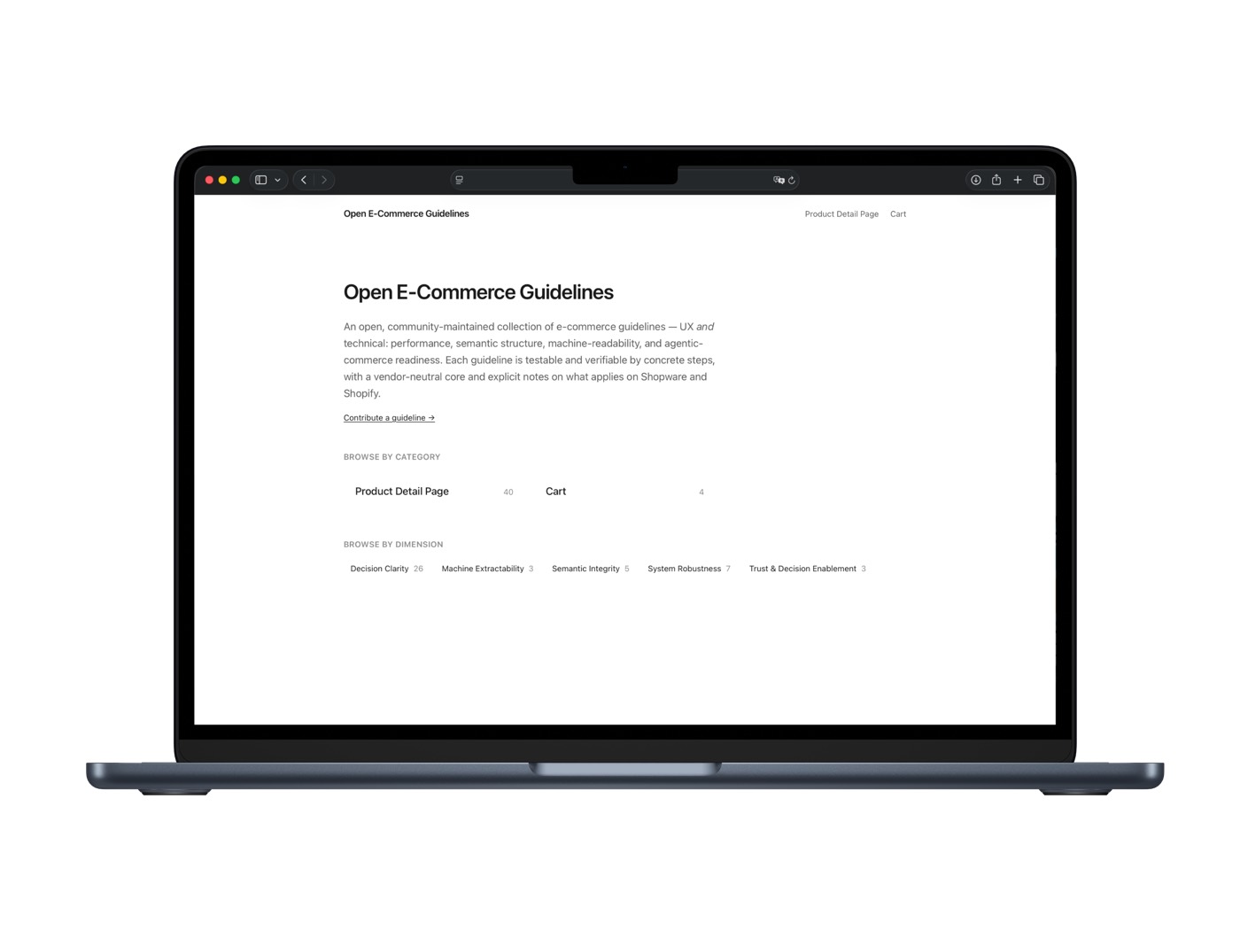 The Open E-Commerce Guidelines home page, shown on a laptop