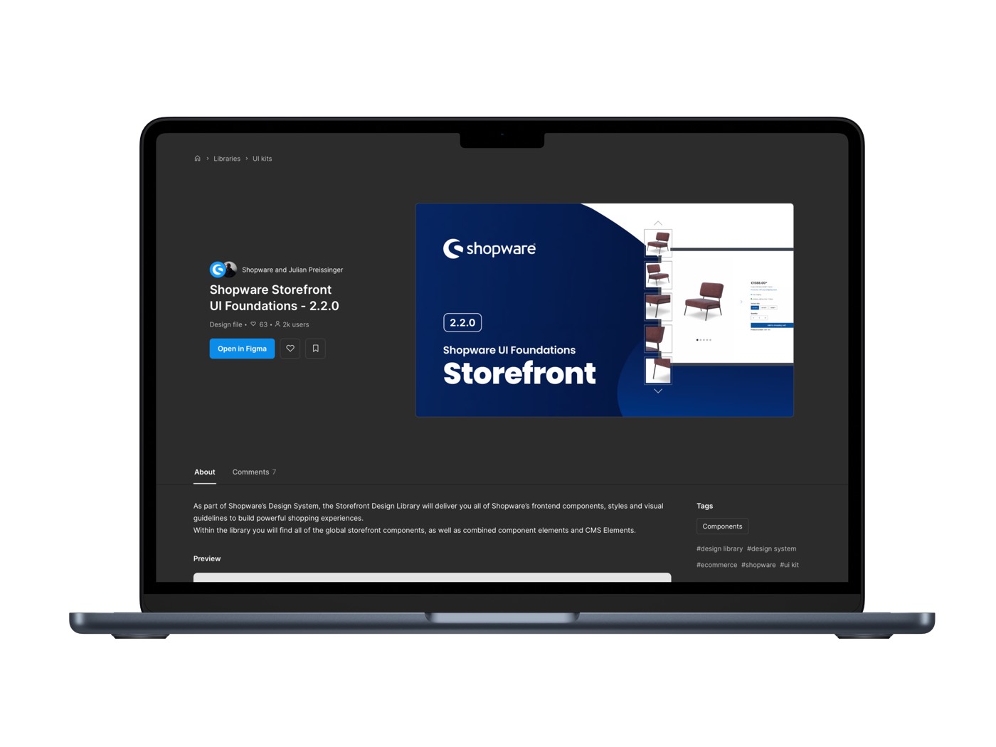 Shopware Storefront UI Foundations in the Shopware store, shown on a laptop